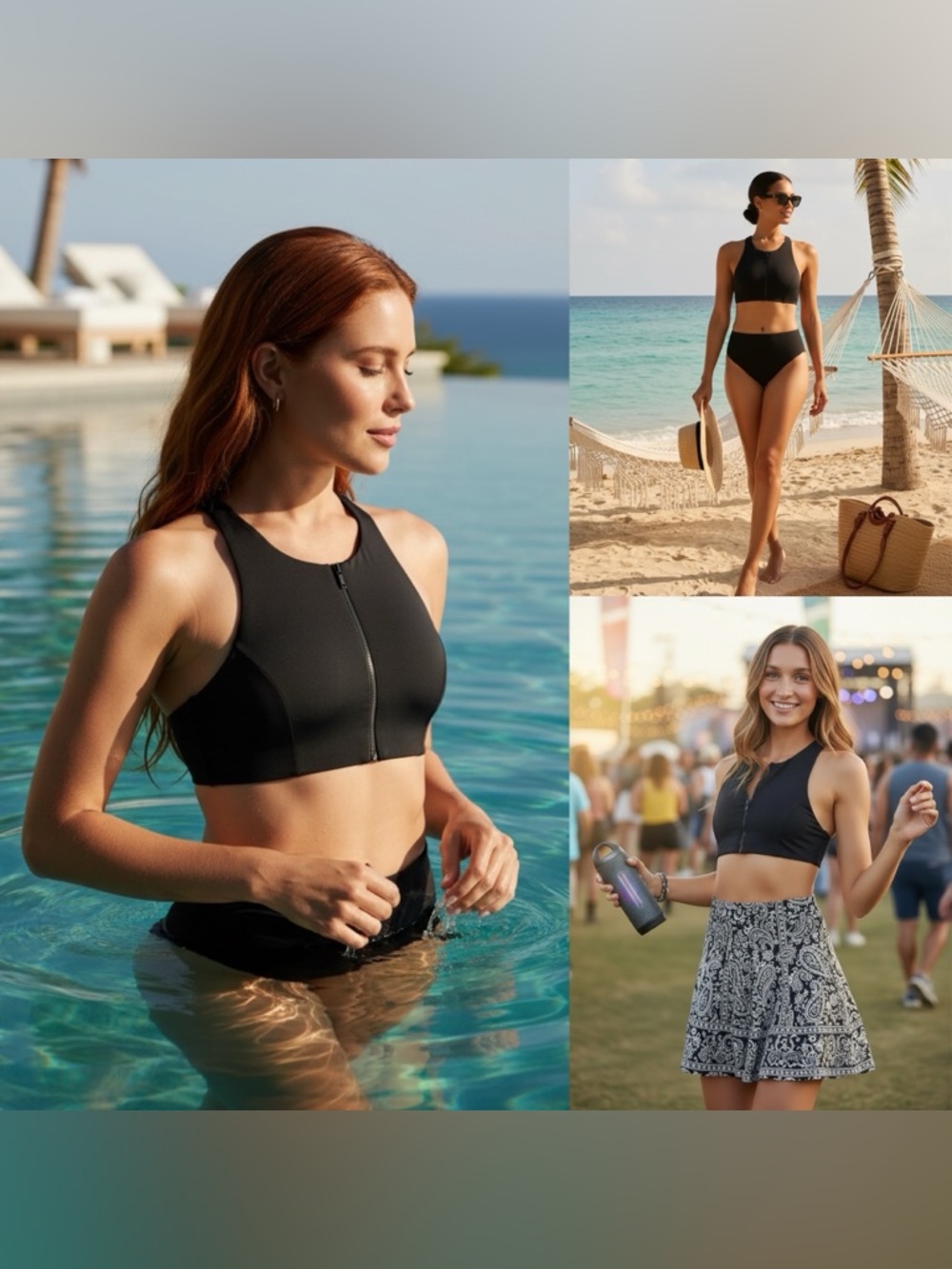 Weworewhat Swimsuit Bikini Top Zip Front Racerback Black Size XL Swim NWT $95